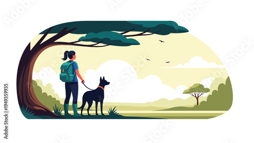 Female hiker with a backpack standing under a large tree with her dog while admiring a wide natural landscape view at sunset.
