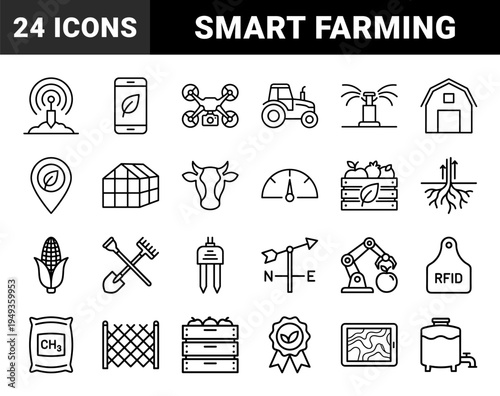 Smart agriculture and precision farming technology elements. Technical monoline pictograms for digital agronomy and sustainable crop management.