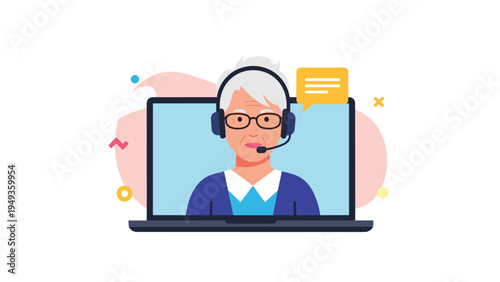 Elderly woman providing customer support or telehealth services via a laptop screen wearing a professional headset.