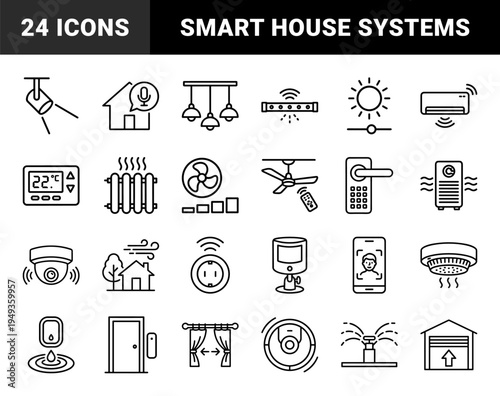 Smart home automation and internet of things monoline pictograms. Technical line art featuring domestic climate control and security systems.