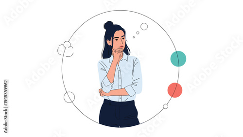 Thoughtful young woman standing with her hand on her chin while thinking about creative ideas and future plans.