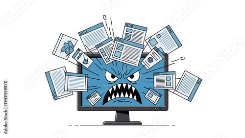 Computer monitor displaying a furious face with numerous annoying pop-up windows representing malware and online stress.
