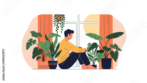 Person sitting on a windowsill at home surrounded by many green indoor plants and looking out the window at the sun.