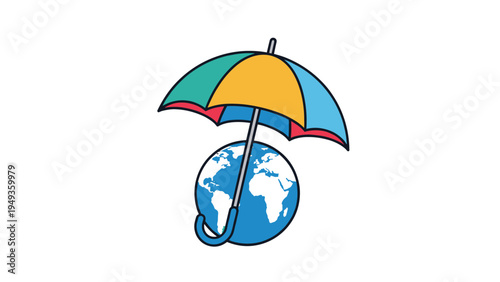 Planet earth protected from environmental hazards under a large colorful umbrella representing global conservation.