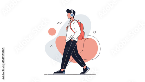 Young man with a backpack and headphones walking forward against a creative background of abstract shapes and circles.