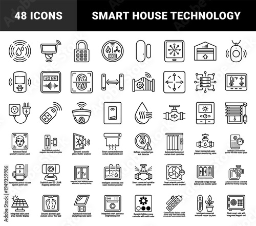 Smart home automation and intelligent property management symbols featuring technical monoline schematics for advanced domestic connectivity systems.