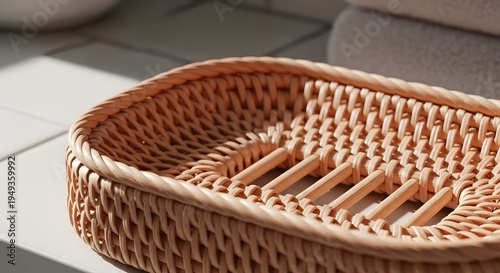 A detailed, high-angle view of a woven rectangular soap dish made of natural material, placed on a tiled bathroom counter reflecting soft, directional light.