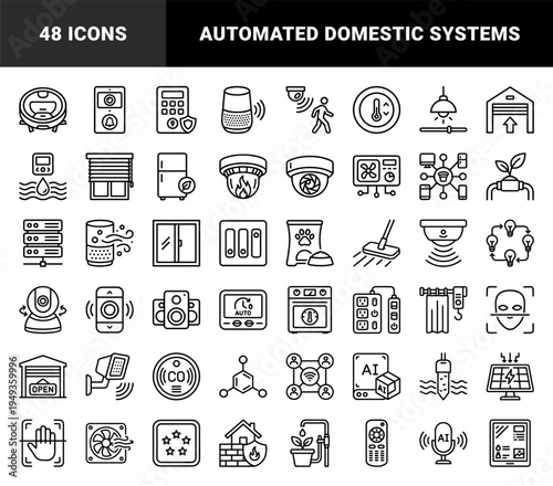 Smart home automation and internet of things integration elements. Technical monoline pictograms for domestic connectivity and intelligent appliance control.