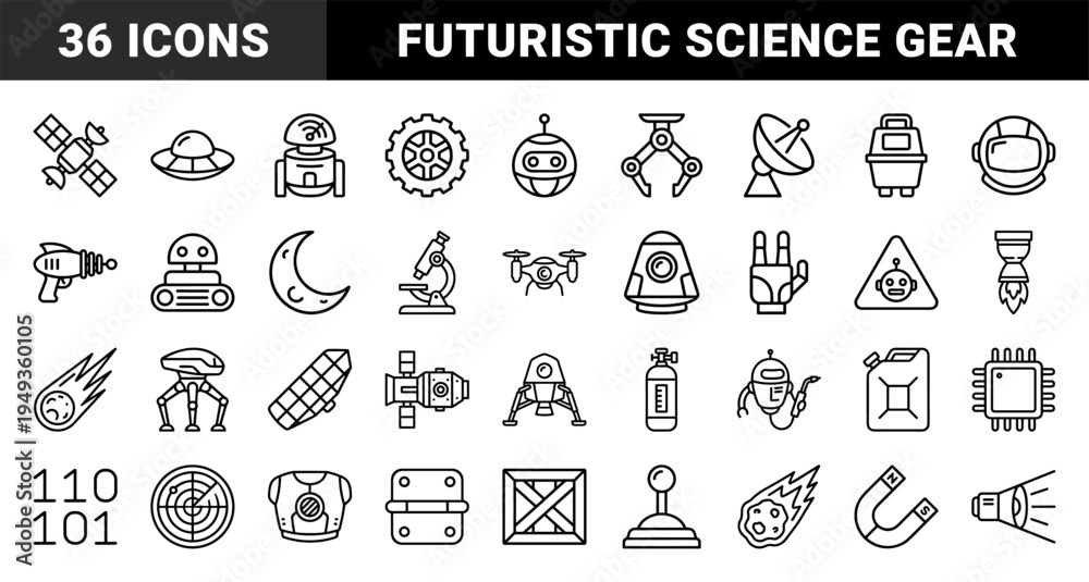 Fototapeta premium Space exploration and robotics technology elements for scientific education. Technical monoline pictograms featuring futuristic machinery and astronomical discovery.