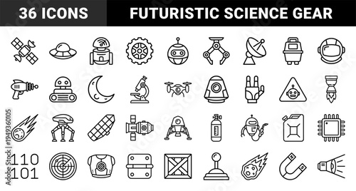 Space exploration and robotics technology elements for scientific education. Technical monoline pictograms featuring futuristic machinery and astronomical discovery.