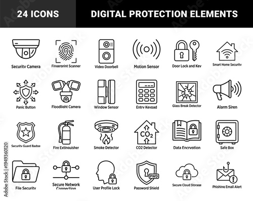 Cybersecurity and home safety monitoring systems for digital protection. Minimalist monoline pictograms featuring surveillance and data privacy concepts.