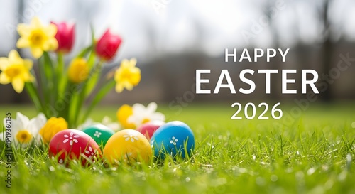 Happy easter 2026 colorful eggs in green grass with spring flowers