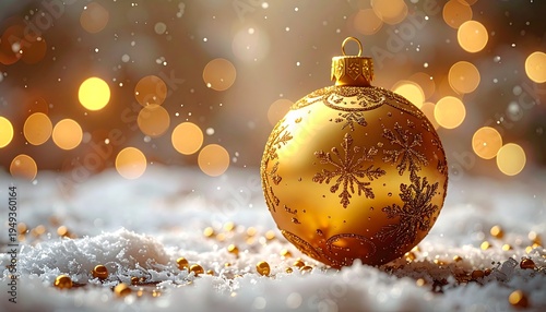 Golden Christmas ornament lying on snow amidst blurred lights, with small golden beads scattered around it