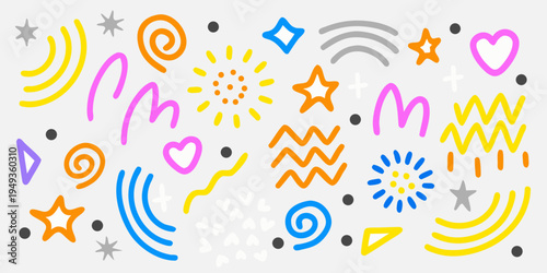Colorful abstract doodle shapes and patterns on a light gray background