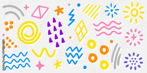 Colorful abstract shapes and doodles scattered across a light gray background