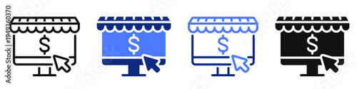Vector icon or logo of computer monitor with dollar sign related to online shopping, commerce and retail, payment and purchase. Symbol for website or app UI, logo design, illustration