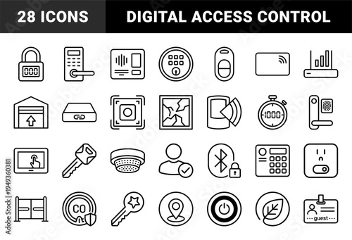 Smart home security and access control systems featuring technical monoline pictograms for automated safety and biometric monitoring interfaces.