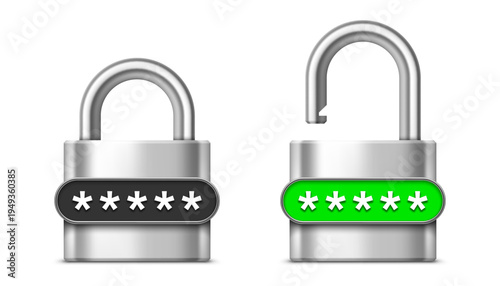 Vector locked and unlocked steel padlocks with password entry field related to cybersecurity, web safety, data protection. Realistic illustration isolated on white background