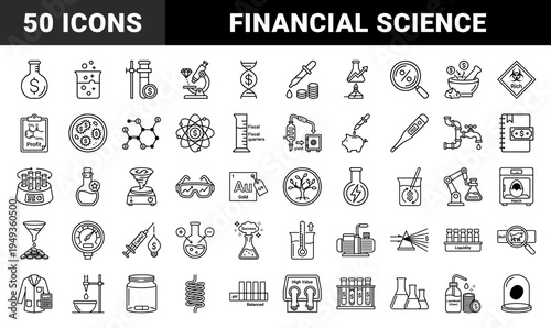Financial science and economic chemistry monoline pictograms for fintech analytics. Technical line art featuring laboratory metaphors for wealth growth.