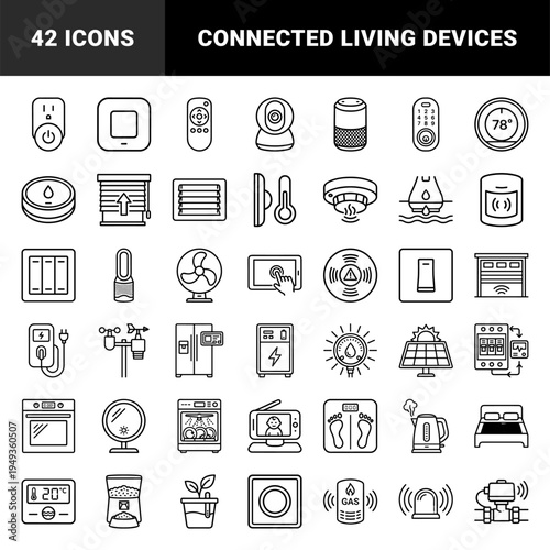 Smart home automation and internet of things device line art. Technical monoline symbols for energy management and domestic security interfaces.