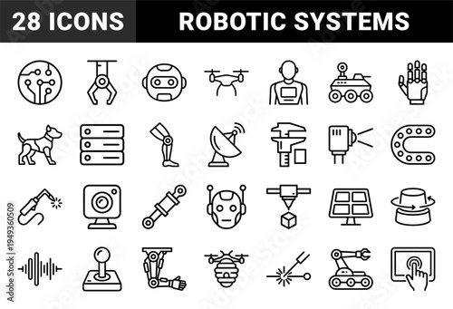 Robotics and industrial automation engineering elements for manufacturing workflows. Technical monoline pictograms featuring smart machinery and bionic technology.
