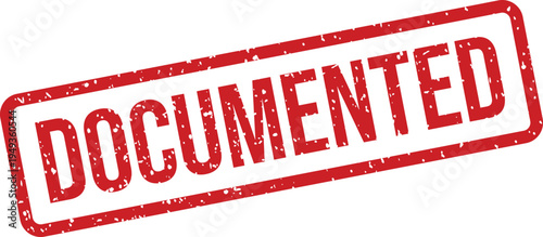 Red rubber stamp with the word DOCUMENTED represents official recording, registration, and formal validation on white