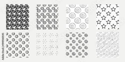 Collection of eight black and white seamless geometric pattern tiles