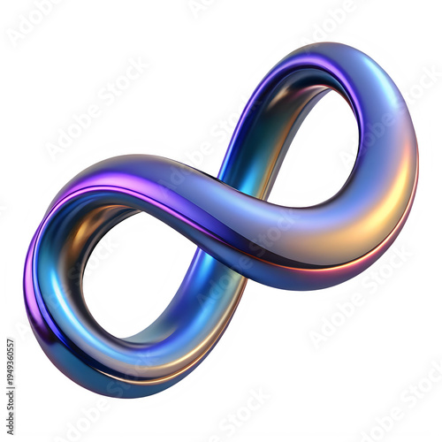 A vibrant and colorful 3d rendering of an infinity symbol with a shiny metallic surface isolated on transparent background