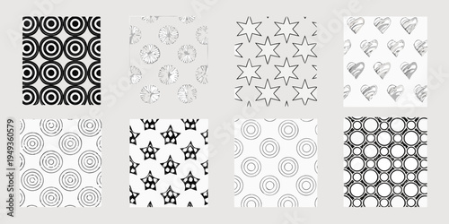 Eight monochrome patterned squares showcasing various repeating designs
