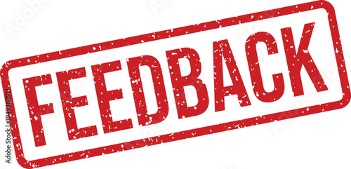 The word FEEDBACK is prominently displayed on a distressed red rubber stamp against a plain white background