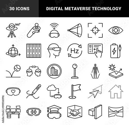 Virtual reality interface and augmented reality hardware elements. Technical monoline pictograms for metaverse development and immersive simulation.