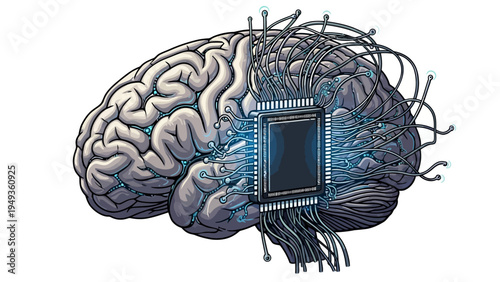 Brain with Computer Chip.