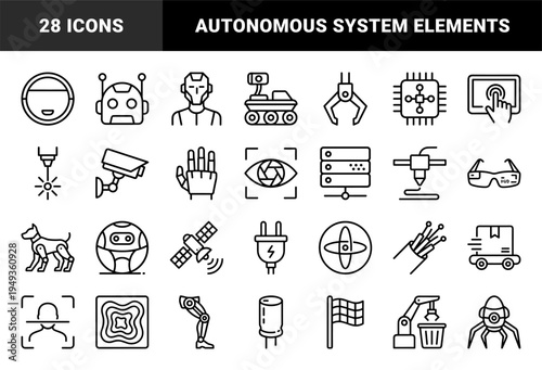 Robotics and artificial intelligence engineering elements featuring autonomous systems, cybernetic limbs, and industrial automation in a technical monoline style.
