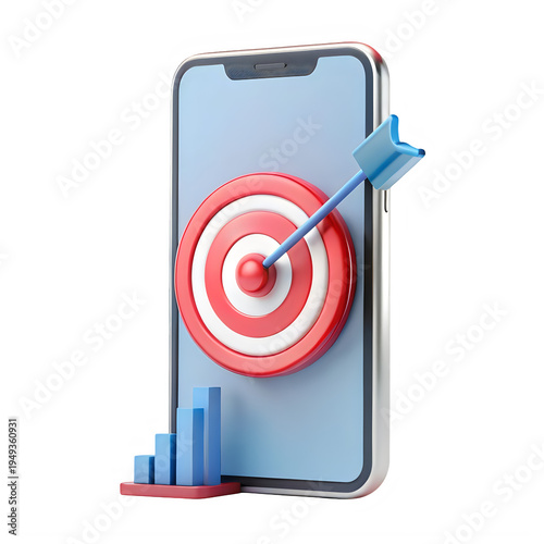A smartphone with a bullseye target and arrow graphic on the screen isolated on transparent background