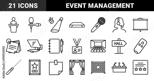 Event management and public speaking equipment in technical monoline style. Professional conference presentation tools and auditorium facility elements.