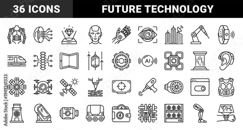 Future technology and industrial automation concepts in a technical monoline style featuring robotics, aerospace, and cybernetic enhancements.