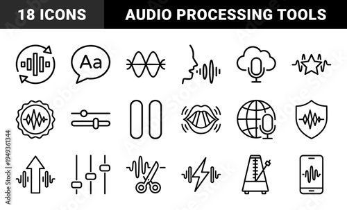Audio processing and voice recognition interface elements featuring technical monoline waves, sound frequency modulation, and podcasting equipment.