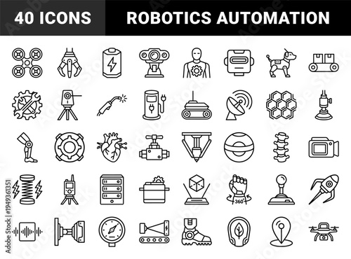 Robotics and automation engineering elements in technical monoline style. Industrial manufacturing systems, bionic limbs, and drone technology symbols.