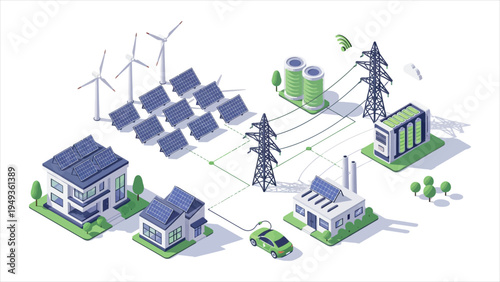  Smart Virtual Battery Energy Storage Network Illustration – Houses, Offices, Factories, Solar and Wind Power, and Electricity Grid