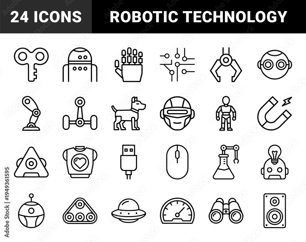 Fototapeta premium Robotics and artificial intelligence automation elements for future technology projects. Technical monoline pictograms featuring bionic limbs and smart machinery.