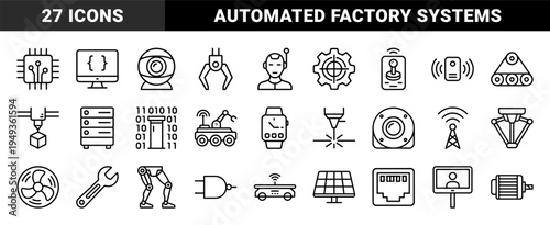Robotics and automation engineering elements for industrial manufacturing. Technical monoline pictograms featuring smart factory and mechanical hardware concepts.