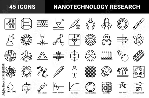 Nanotechnology and molecular engineering research symbols. Technical monoline pictographical elements for laboratory science and biotech innovation.
