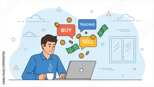 Digital Trading Illustration Online Trader on Laptop with Buy & Sell Bubbles and Financial Assets