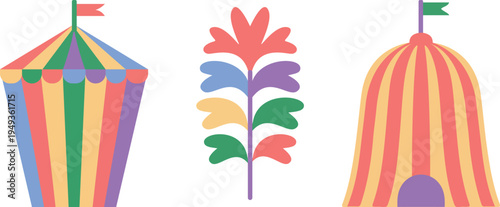 Circus Tents and Stylized Plant with Flags on White Background Keywords: circus tent, carnival tent, striped tent, conical tent, dome tent, stylized plant, flower