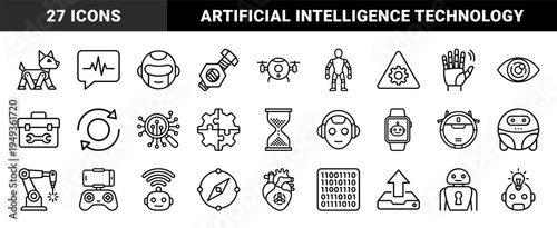 Robotics and artificial intelligence automation pictograms for software development. Technical monoline linear elements for machine learning and cybernetics.