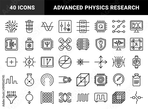 Quantum computing and advanced physics research line elements for laboratory data visualization. Technical monoline pictograms featuring qubit processors and cryogenic cooling concepts.