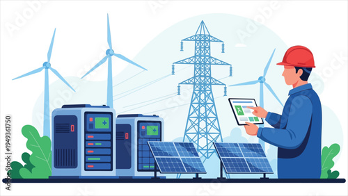 Electrician Technician Inspection Illustration – Power Supply Grid, Renewable Solar and Wind Energy, and Battery Storage