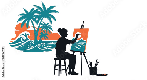 Silhouette of an artist painting a seascape with palm trees