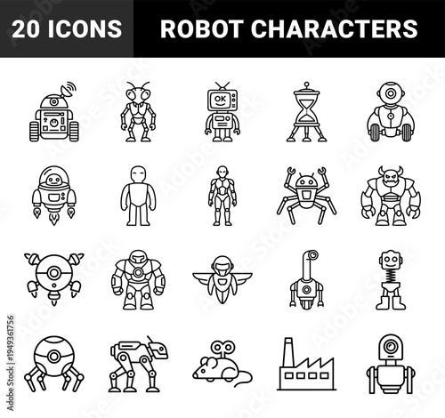 Robotic automation and artificial intelligence characters for futuristic interface design. Technical monoline avatars featuring androids, drones, and industrial machinery.