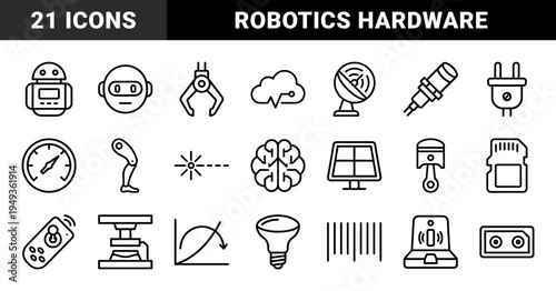 Industrial automation and robotics hardware elements for engineering systems. Technical monoline pictograms featuring smart manufacturing and electronic components.